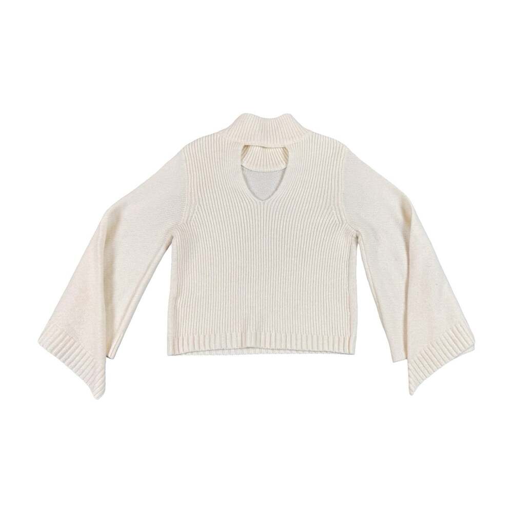 Women’s Moth Ivory Ribbed-Knit Mock Neck Keyhole Bell Sleeve Sweater Size M - Picture 2 of 8